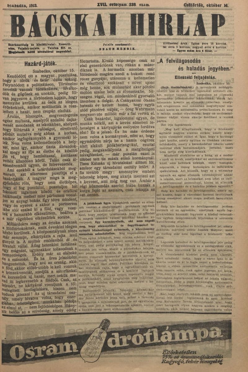 Bácskai Hirlap, 17. évf. 1913. október 16. 238. sz.
