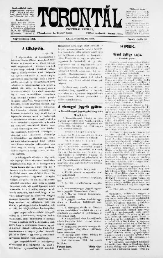 Torontál, 43. évf. 1914. április 24. 93. sz.
