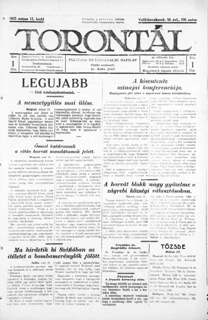 Torontál, 54. évf. 1925. május 12. 106. sz.