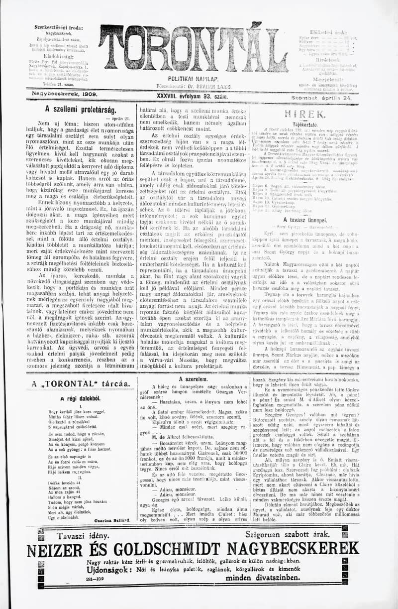 Torontál, 38. évf. 1909. április 24. 93. sz.