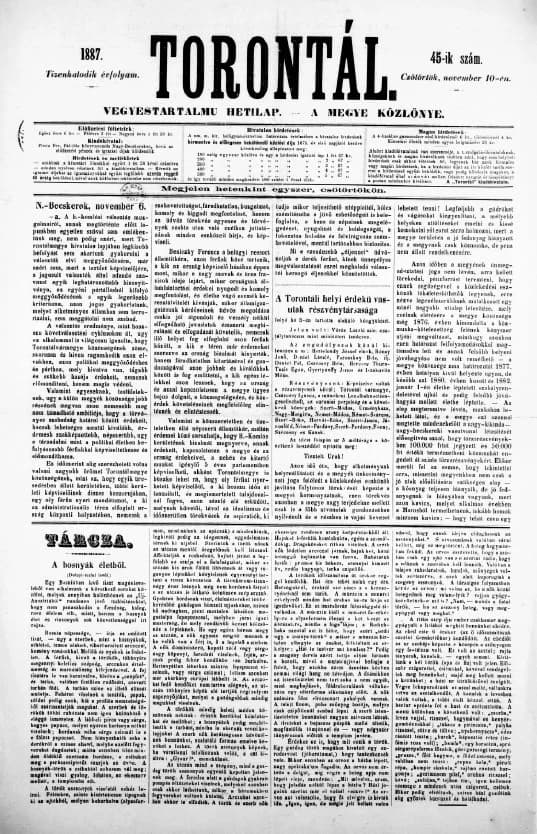 Torontál, 16. évf. 1887. november 10. 45. sz.