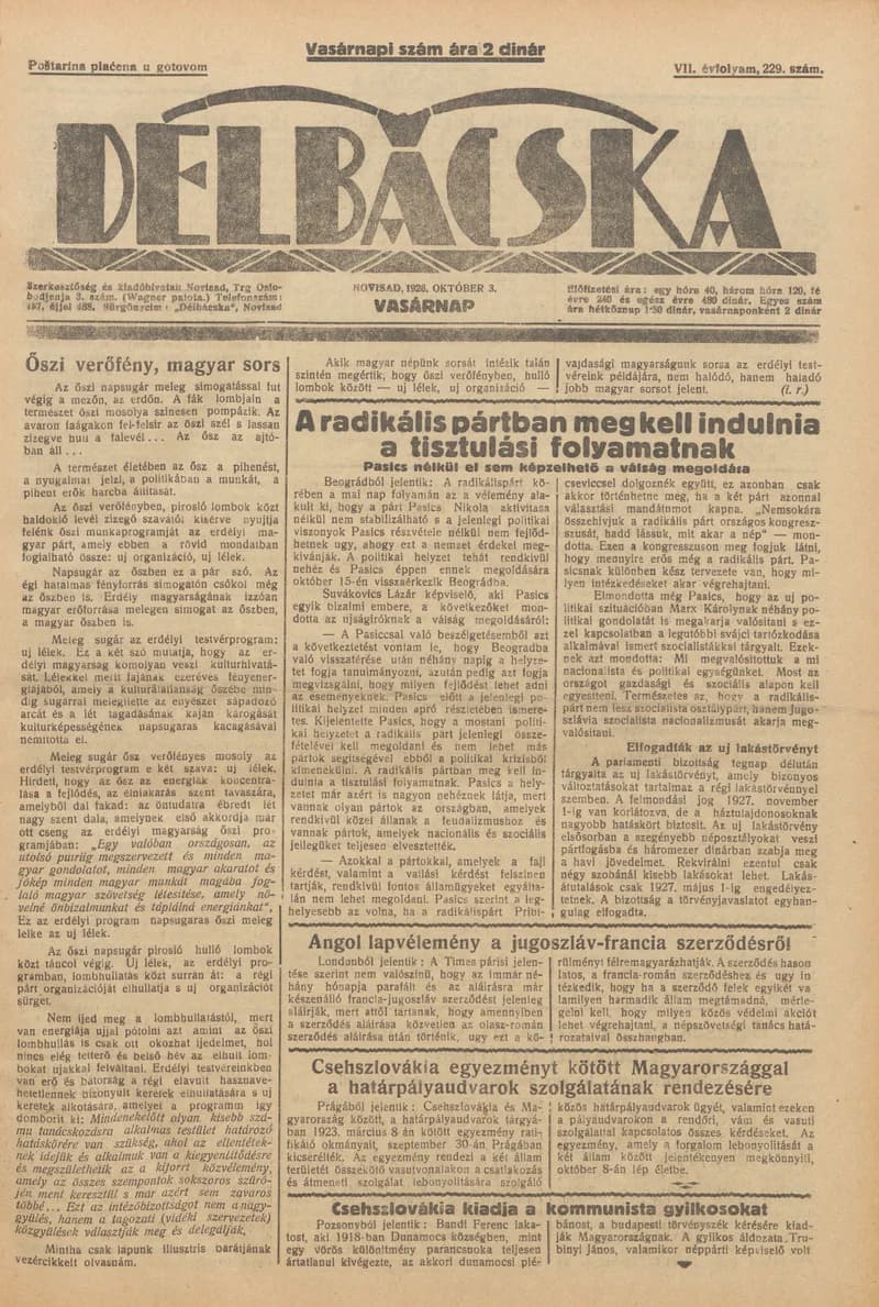 Délbácska, 7. évf. 1926. október 3. 229. sz.