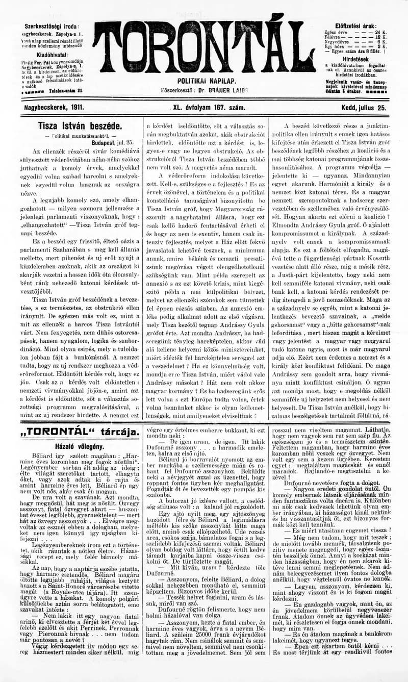 Torontál, 40. évf. 1911. július 25. 167. sz.