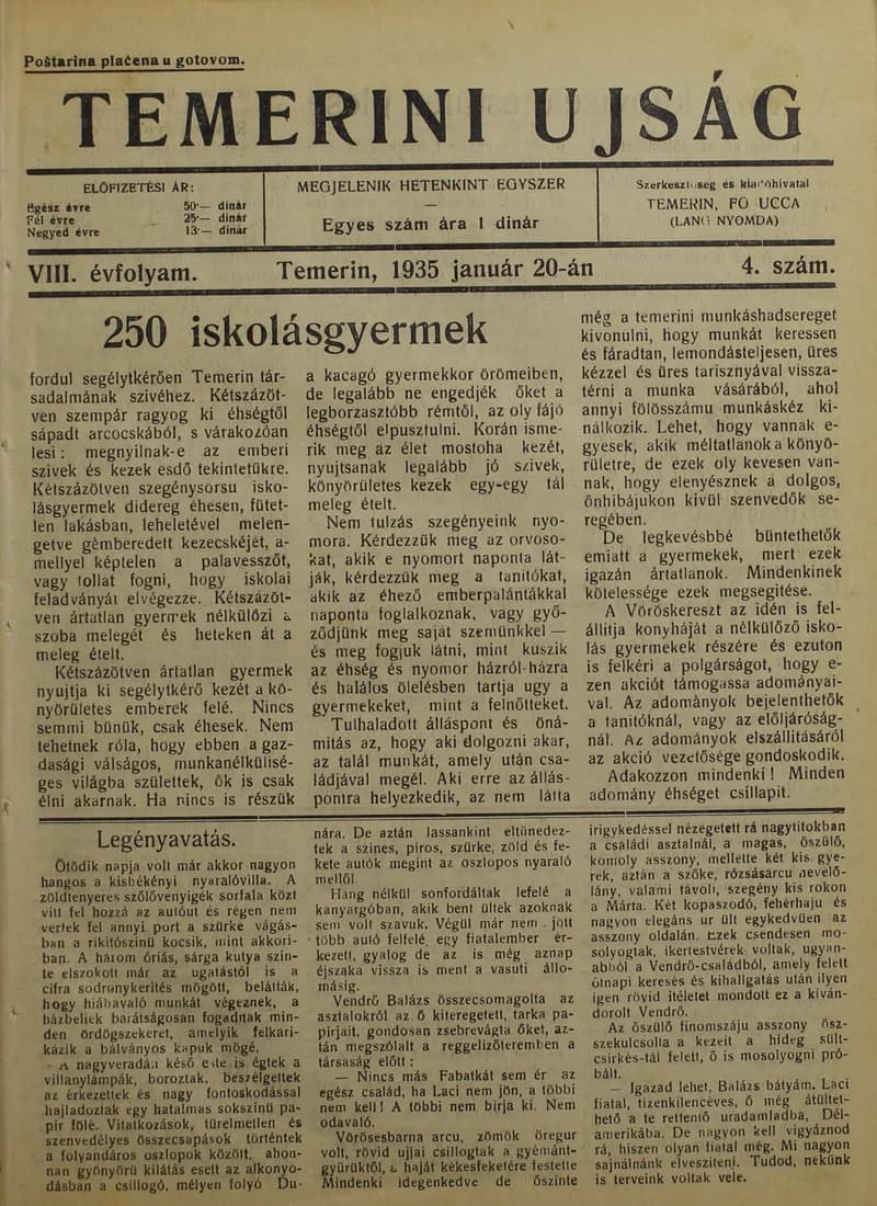 Temerini Újság 1928-1944, 8. évf. 1935. január 20. 4. sz.