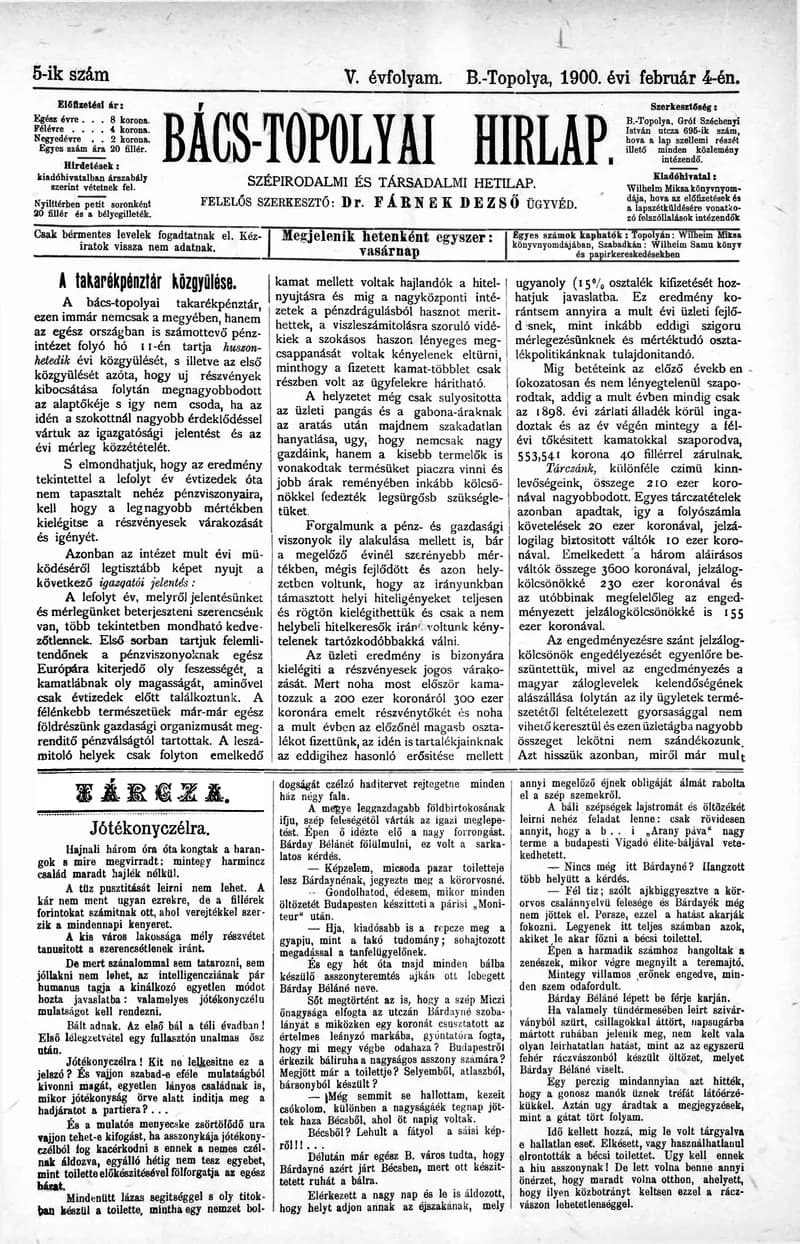Bács-Topolyai Hirlap, 5. évf. 1900. február 4. 5. sz.
