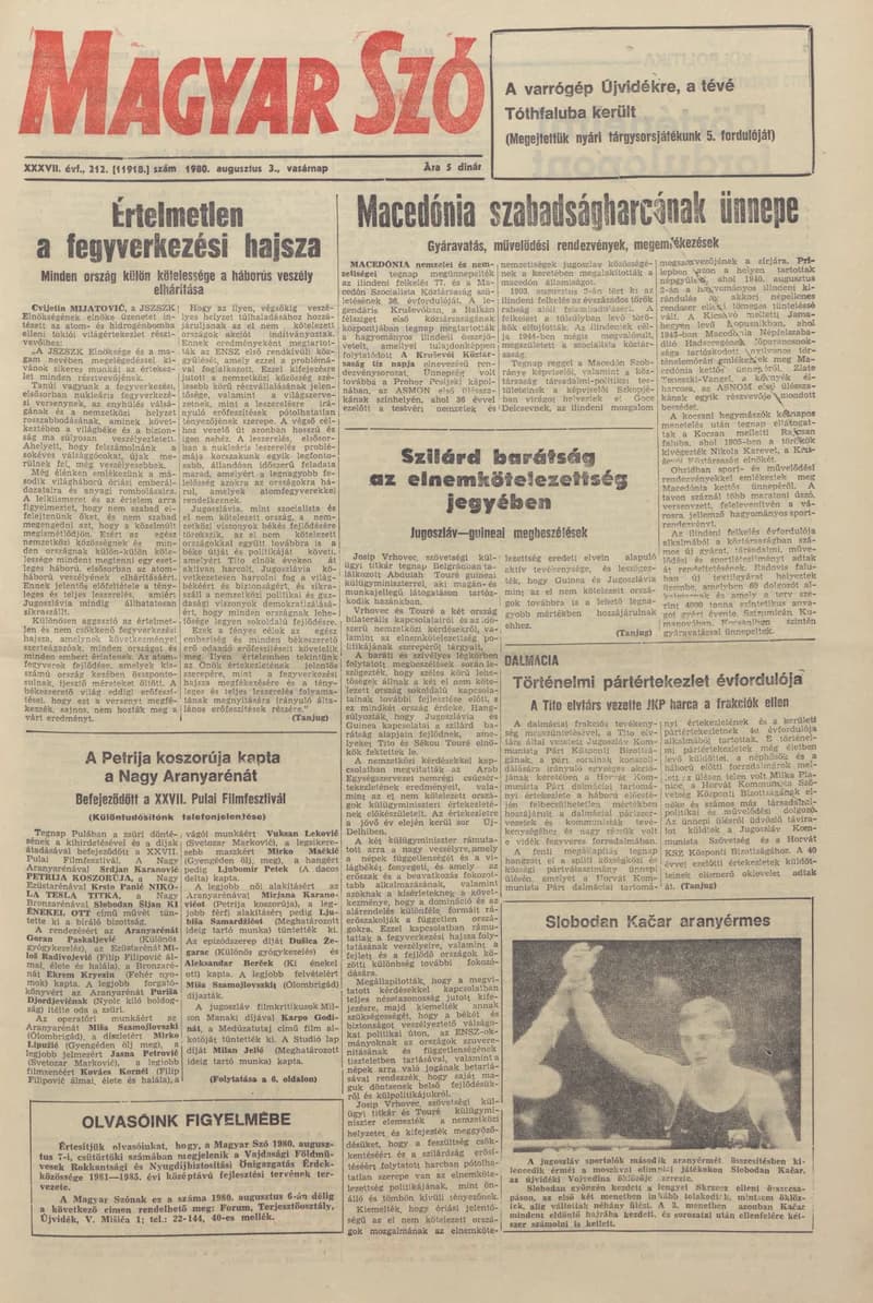 Magyar Szó, 37. évf. 1980. augusztus 3. 212. sz. 1–28. oldal