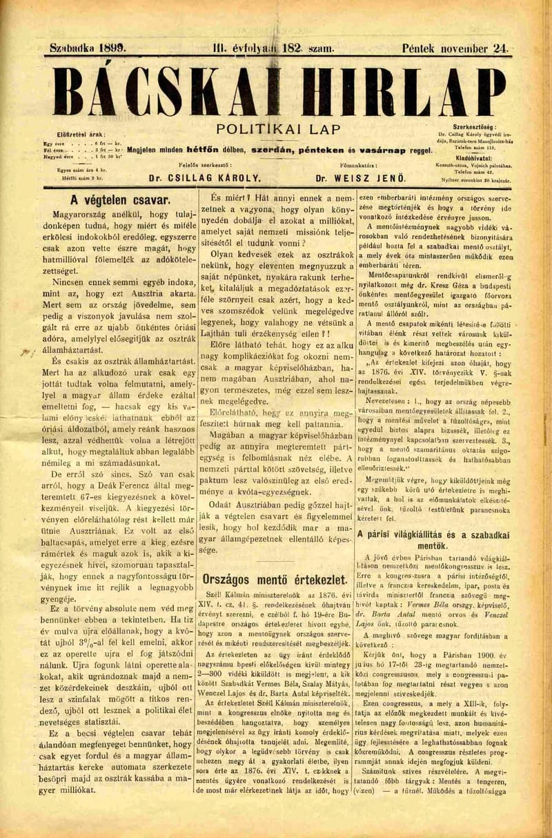 Bácskai Hirlap, 3. évf. 1899. november 24. 182. sz.