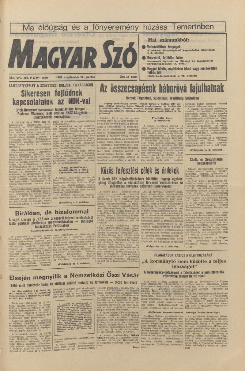 Magyar Szó, 42. évf. 1985. szeptember 27. 266. sz. 1–20. oldal