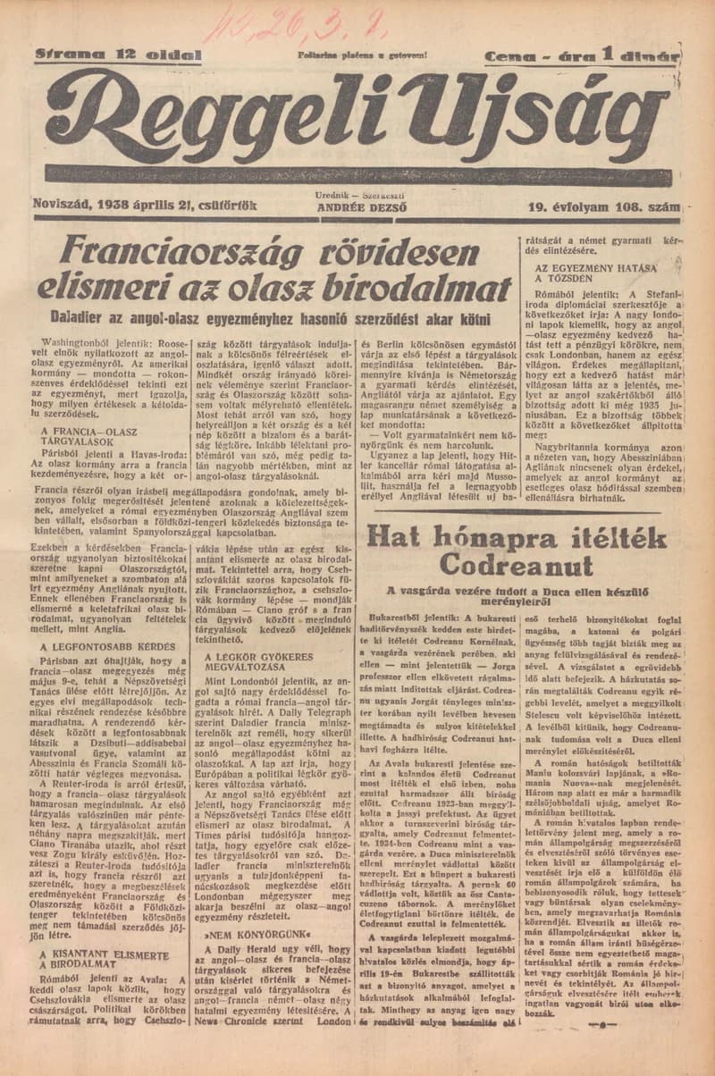 Reggeli Újság, 19. évf. 1938. április 21. 108. sz.