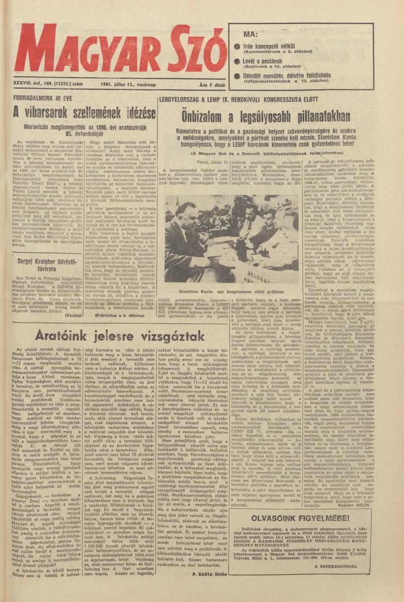 Magyar Szó, 38. évf. 1981. július 12. 189. sz.