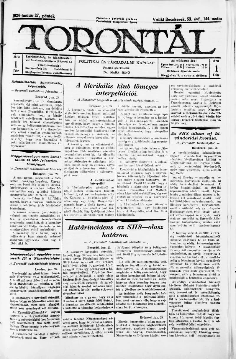 Torontál, 53. évf. 1924. június 27. 144. sz.