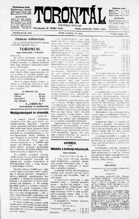 Torontál, 43. évf. 1914. január 23. 18. sz.