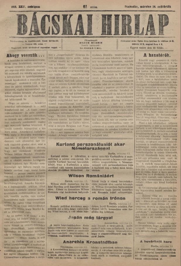 Bácskai Hirlap, 22. évf. 1918. március 14. 61. sz.