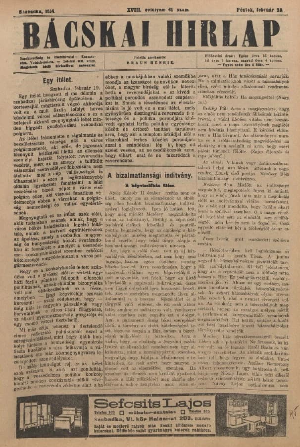 Bácskai Hirlap, 18. évf. 1914. február 20. 41. sz.