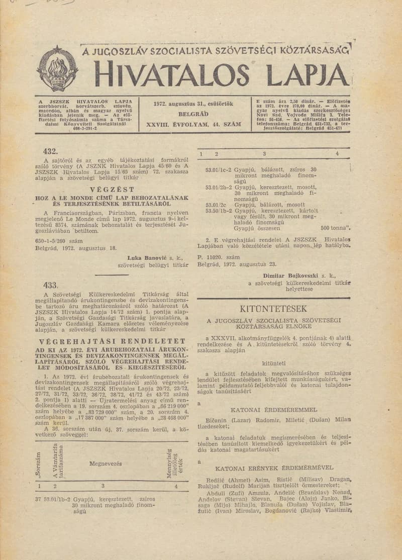 A Jugoszláv Szocialista Szövetségi Köztársaság Hivatalos Lapja, 28. évf. 1972. augusztus 31. 44. sz. 869–872. oldal