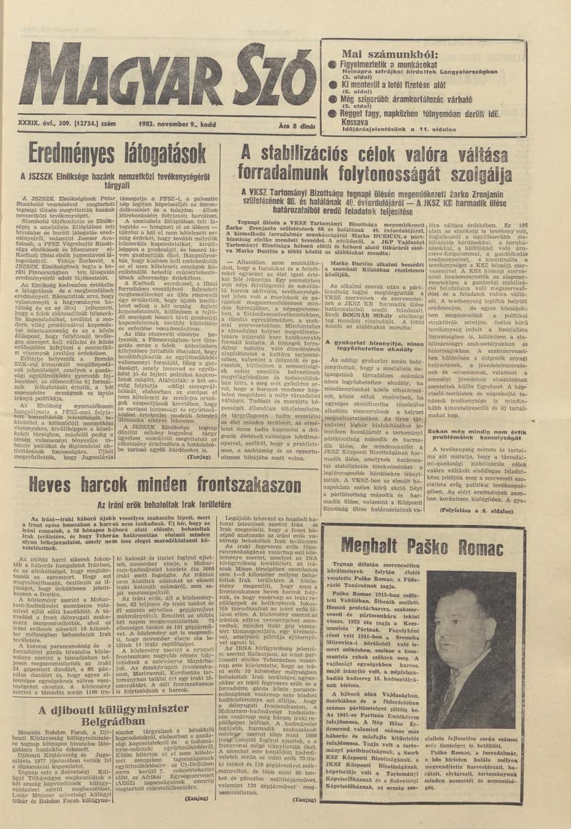 Magyar Szó, 39. évf. 1982. november 9. 309. sz. 1–20. oldal