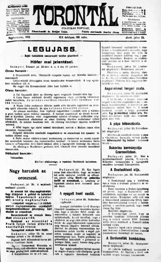 Torontál, 45. évf. 1916. július 25. 168. sz.