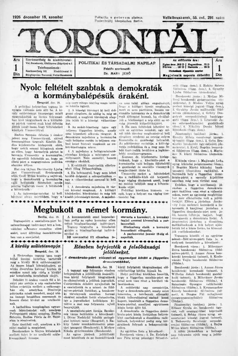 Torontál, 55. évf. 1926. december 18. 291. sz.