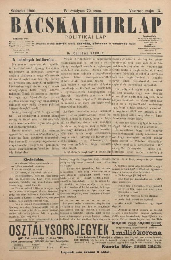 Bácskai Hirlap, 4. évf. 1900. május 13. 72. sz.