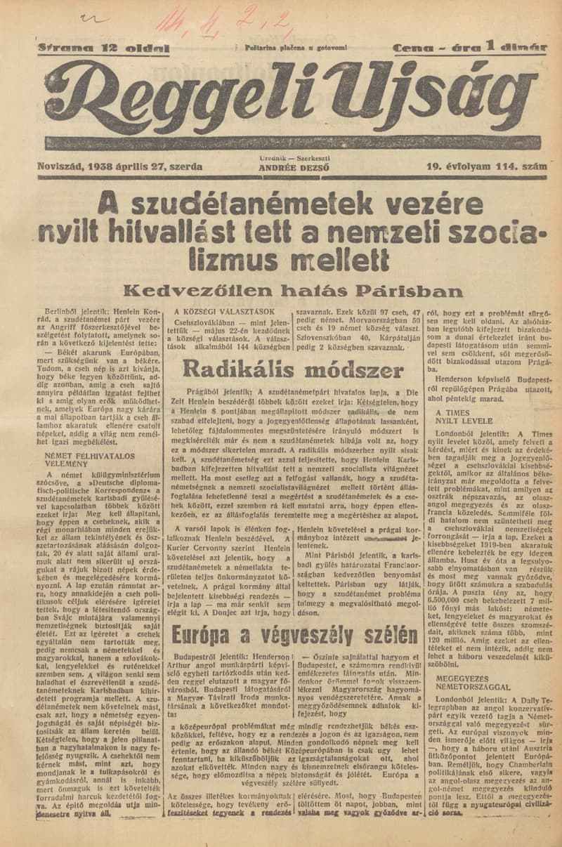 Reggeli Újság, 19. évf. 1938. április 27. 114. sz.