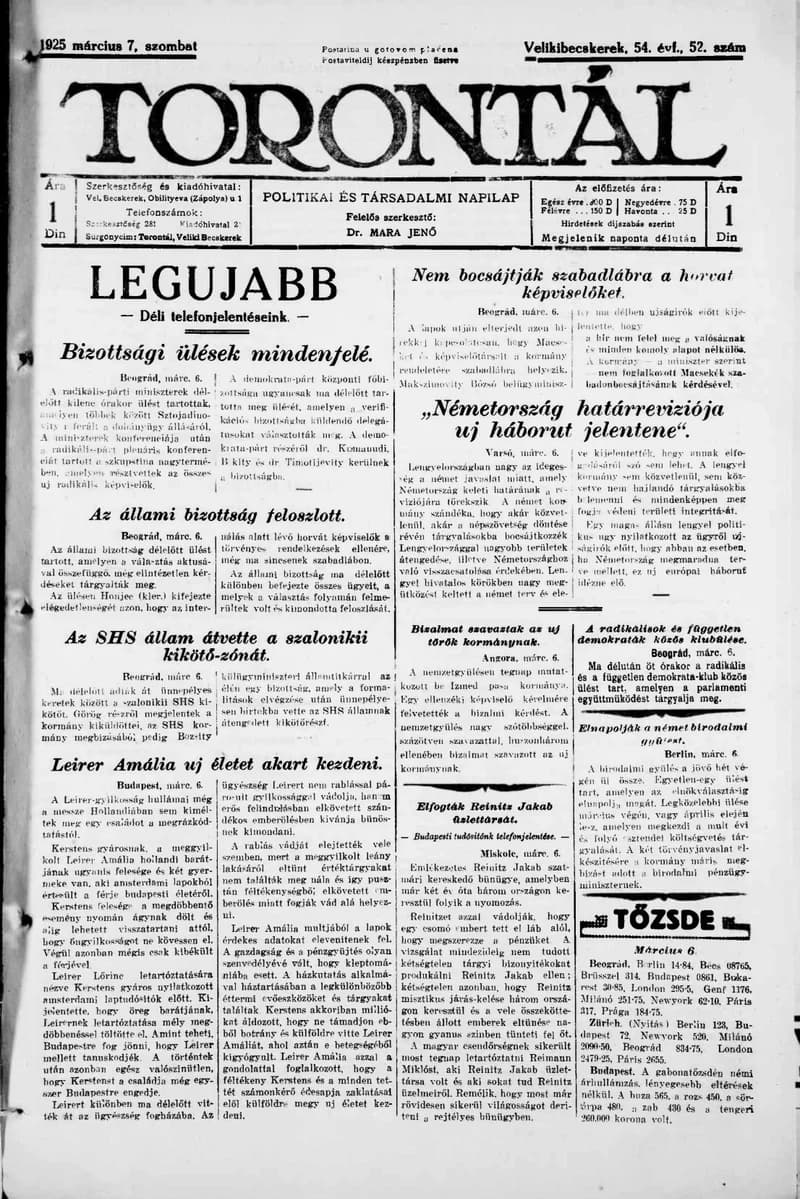 Torontál, 54. évf. 1925. március 7. 52. sz.