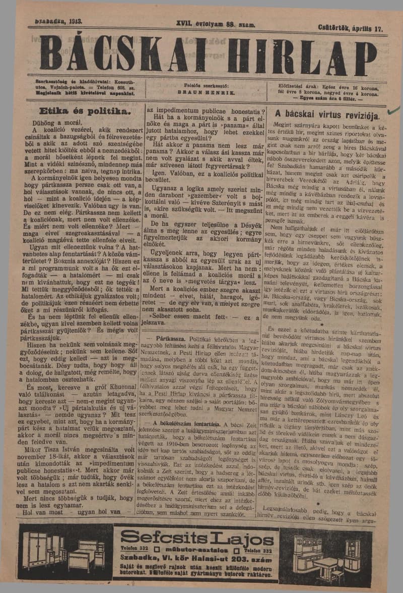 Bácskai Hirlap, 17. évf. 1913. április 17. 88. sz.