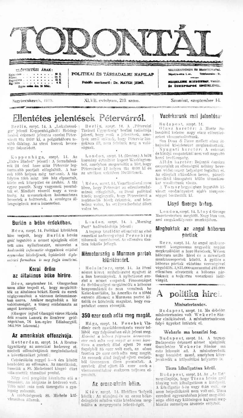 Torontál, 47. évf. 1918. szeptember 14. 210. sz.