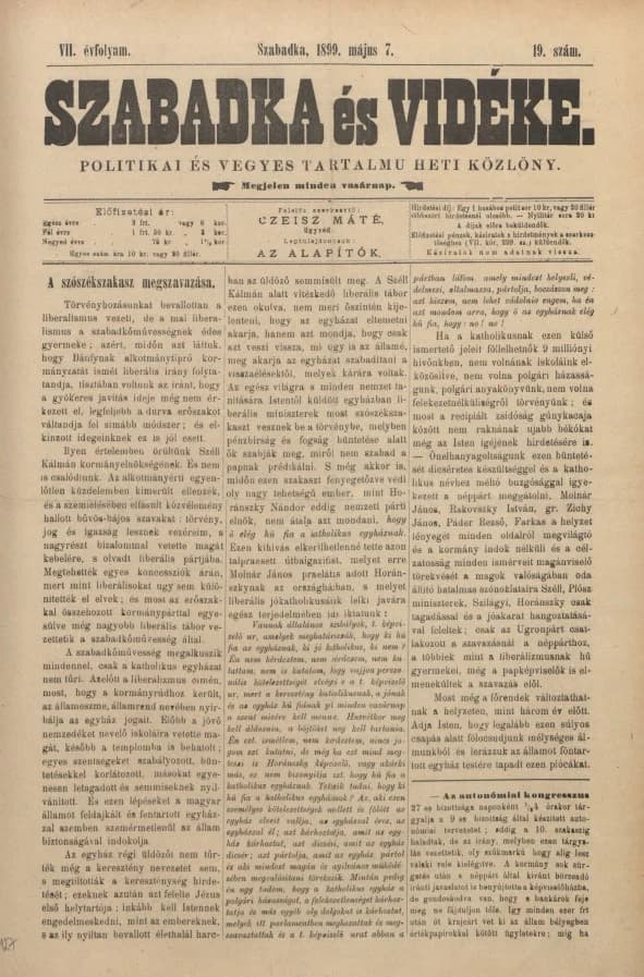 Szabadka és vidéke II, 7. évf. 1899. május 7. 19. sz.
