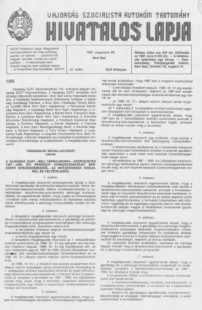 Vajdaság Szocialista Autonóm Tartomány Hivatalos Lapja, 43. évf. 1987. augusztus 28. 21. sz.