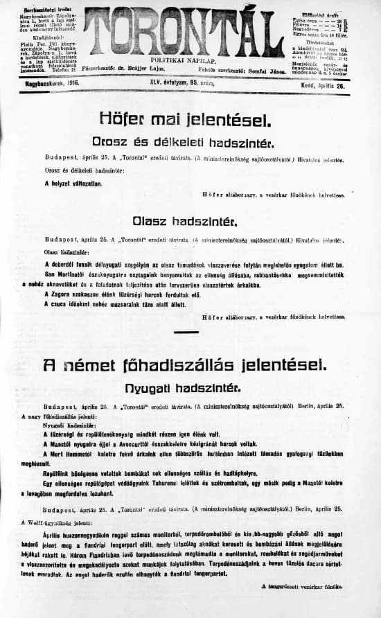 Torontál, 45. évf. 1916. április 26. 95. sz.