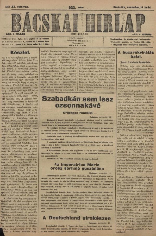 Bácskai Hirlap, 20. évf. 1916. november 14. 522. sz.
