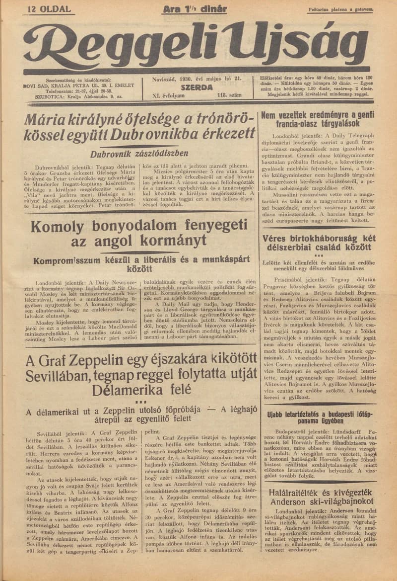 Reggeli Újság, 11. évf. 1930. május 21. 118. sz.