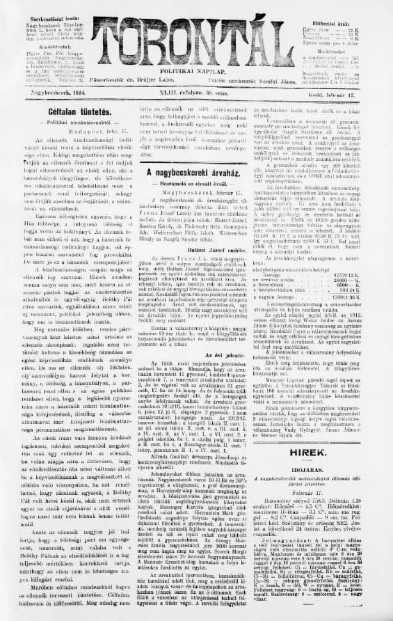 Torontál, 43. évf. 1914. február 17. 38. sz.