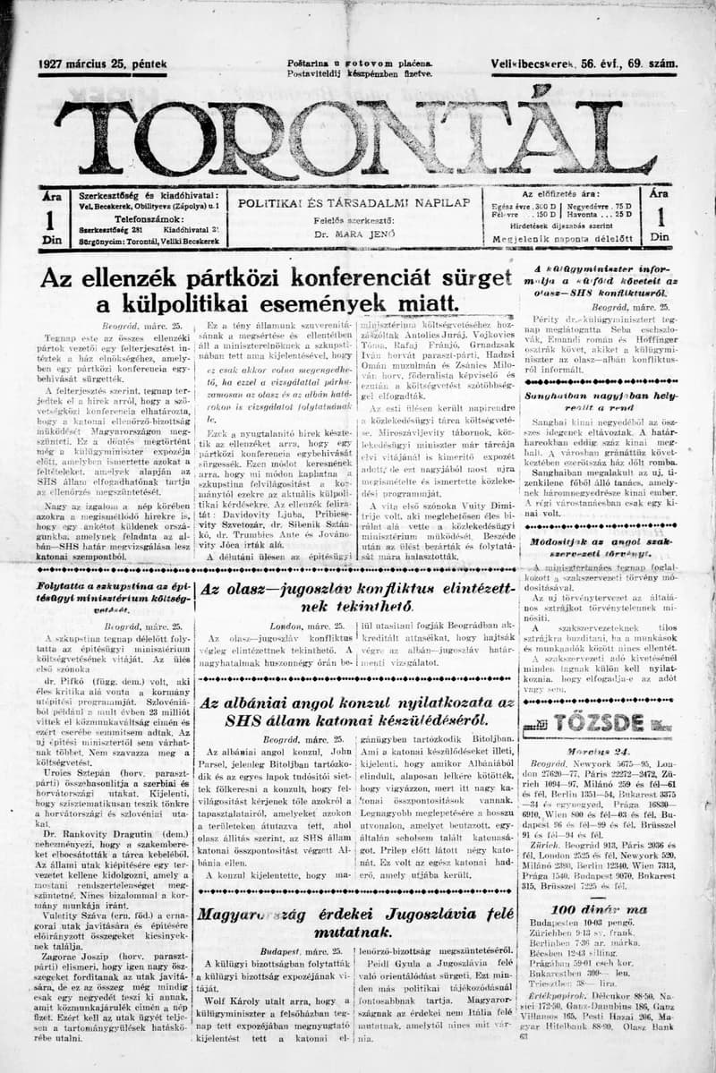 Torontál, 56. évf. 1927. március 25. 69. sz.