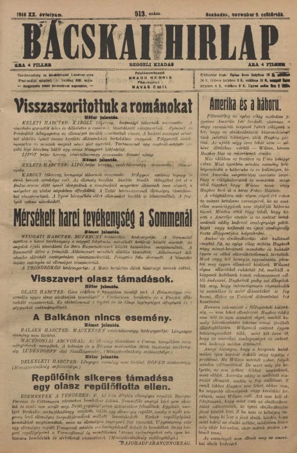 Bácskai Hirlap, 20. évf. 1916. november 9. 513. sz.