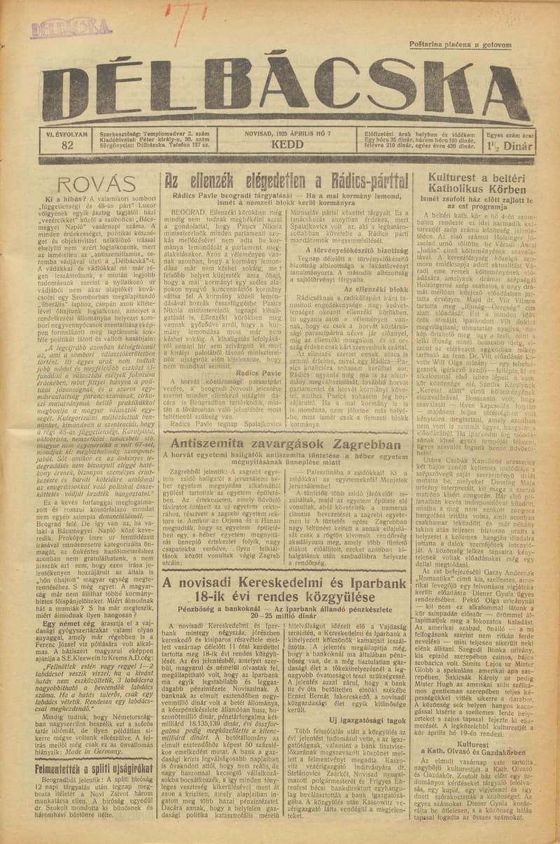 Délbácska, 6. évf. 1925. április 7. 82. sz.