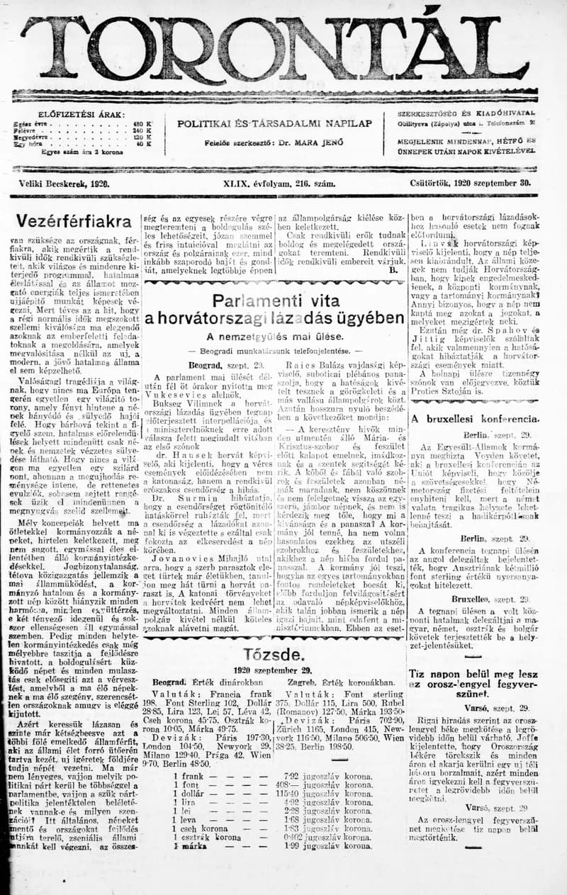Torontál, 49. évf. 1920. szeptember 30. 216. sz.