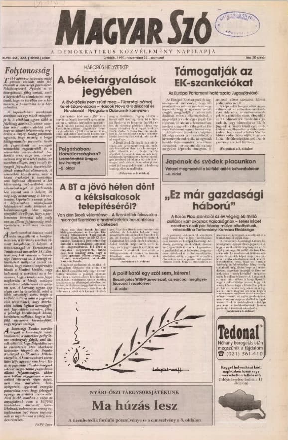 Magyar Szó, 48. évf. 1991. november 23. 323. sz. 1–20. oldal