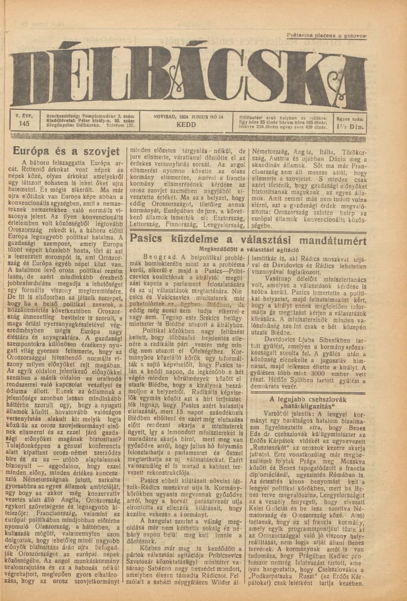 Délbácska, 5. évf. 1924. június 24. 145. sz.