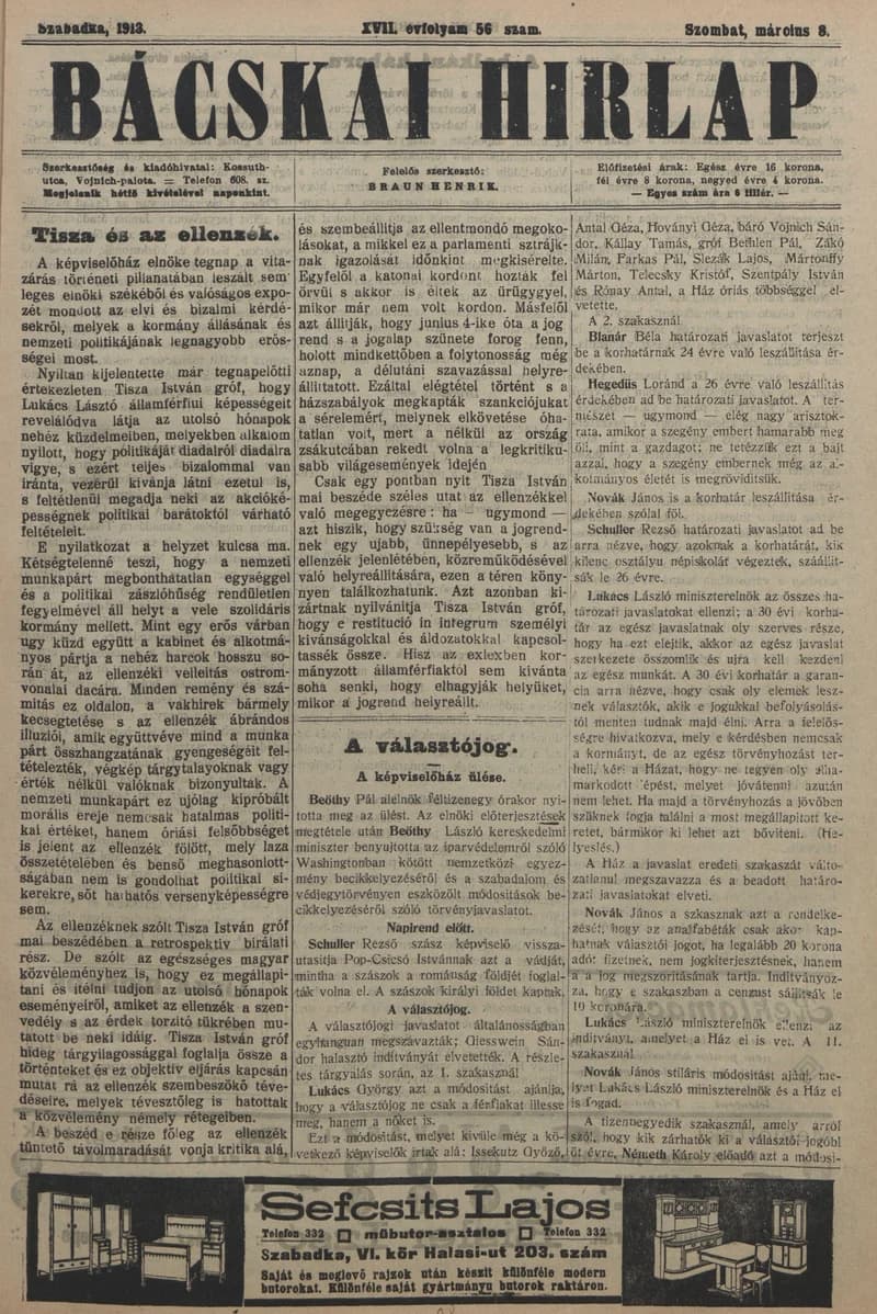 Bácskai Hirlap, 17. évf. 1913. március 8. 56. sz.