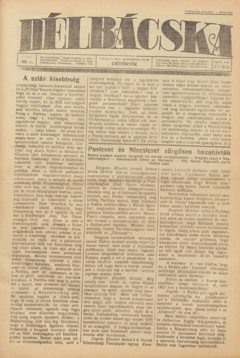 Délbácska, 4. évf. 1923. augusztus 23. 192. sz.