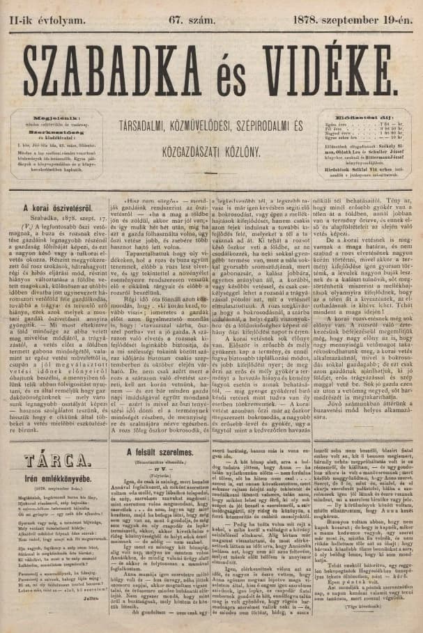 Szabadka és vidéke, 2. évf. 1878. szeptember 19. 67. sz.