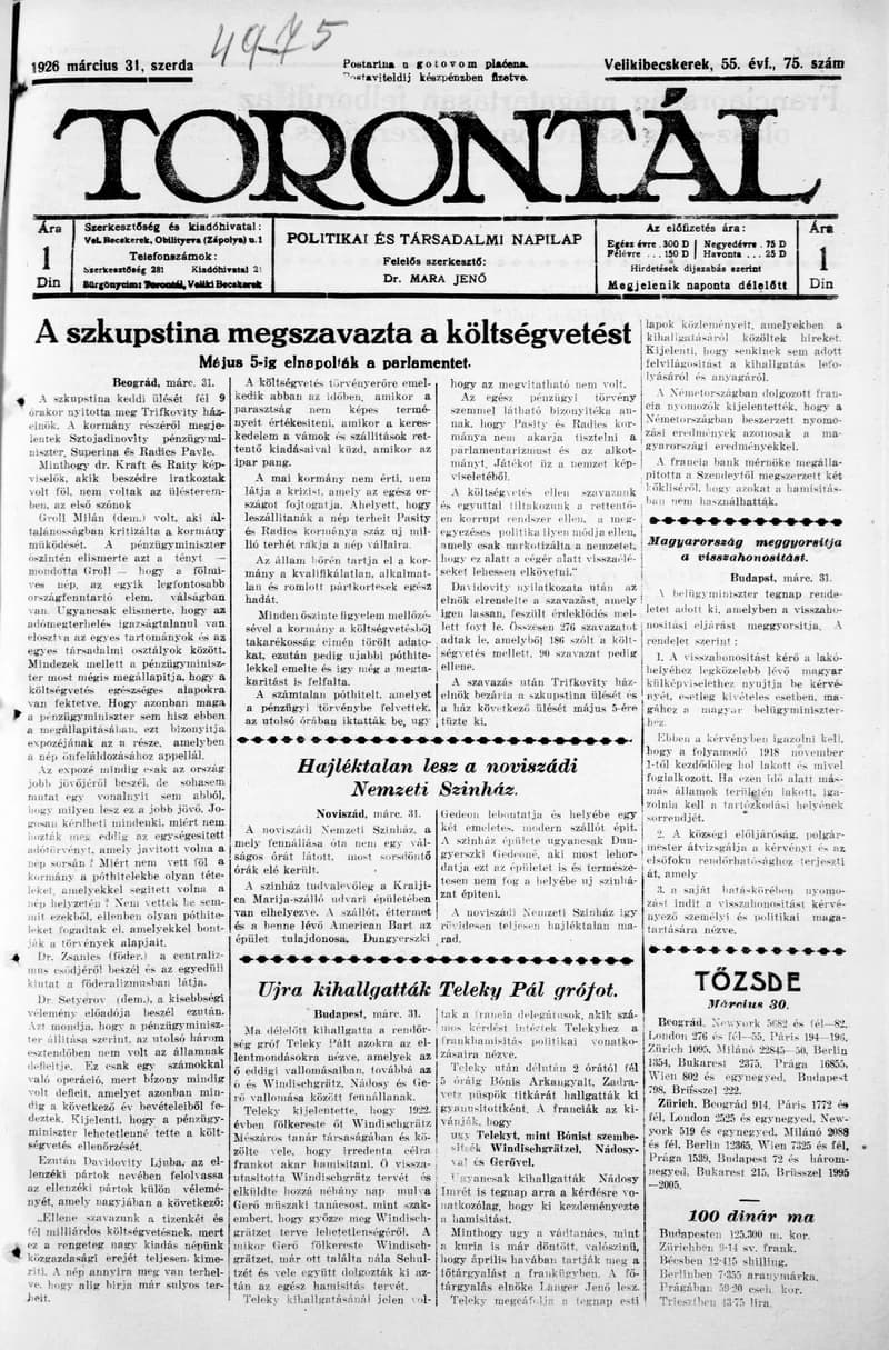 Torontál, 55. évf. 1926. március 31. 75. sz.