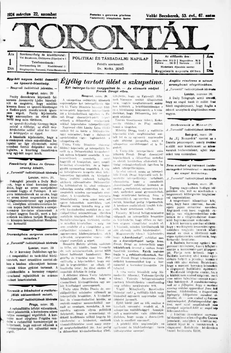 Torontál, 53. évf. 1924. március 22. 67. sz.