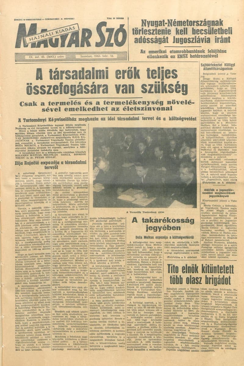 Magyar Szó, 20. évf. 1963. február 16. 45. sz. 1–12. oldal