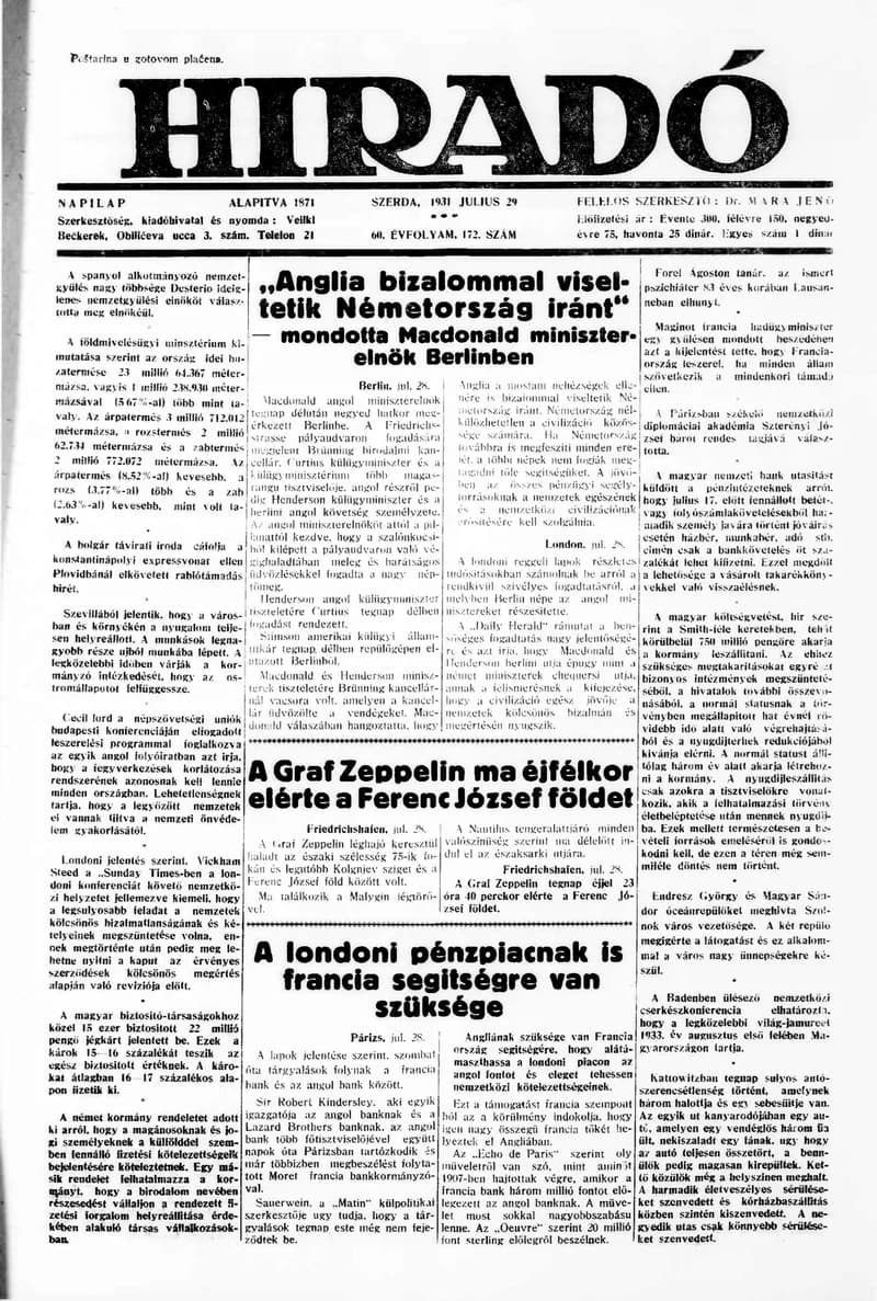 Híradó, 60. évf. 1931. július 29. 172. sz.