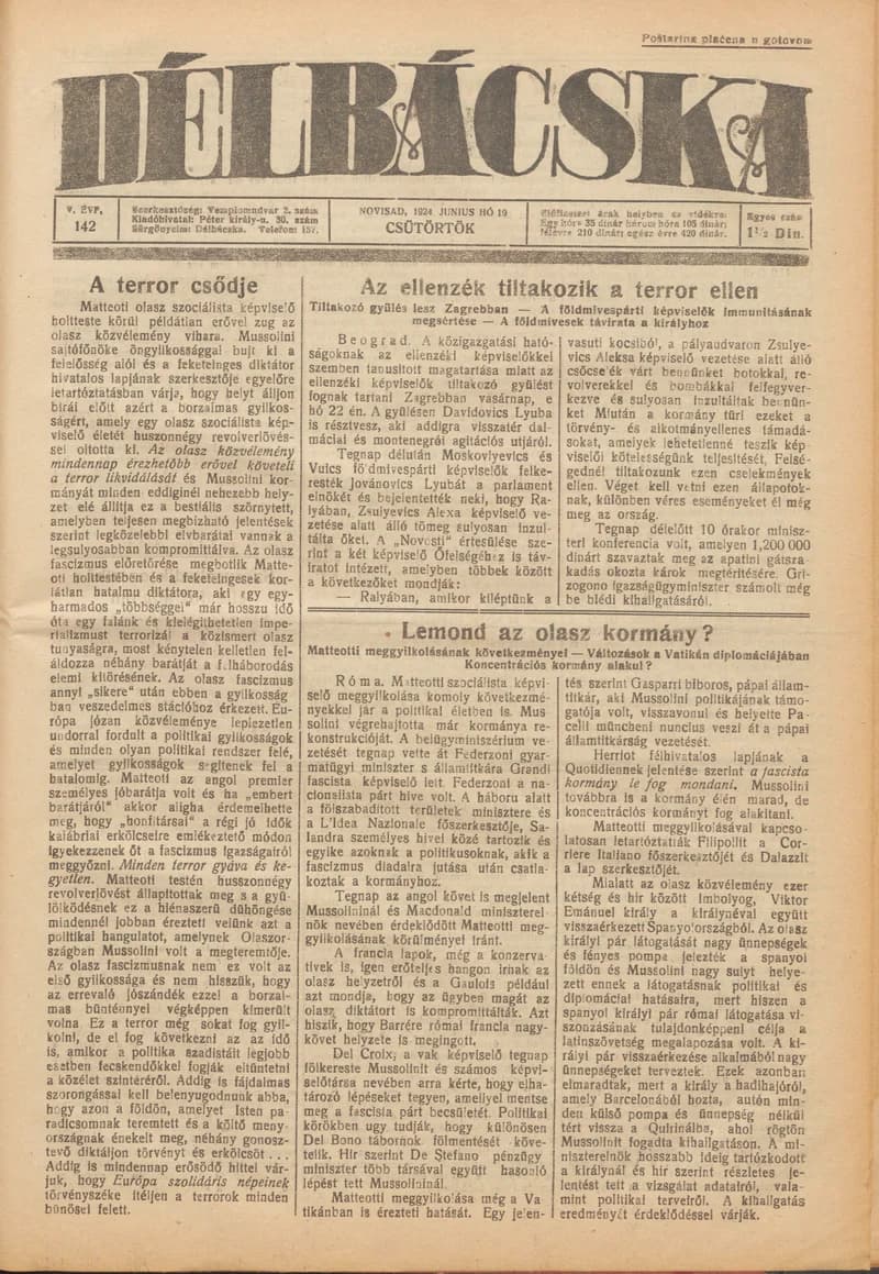 Délbácska, 5. évf. 1924. június 19. 142. sz.