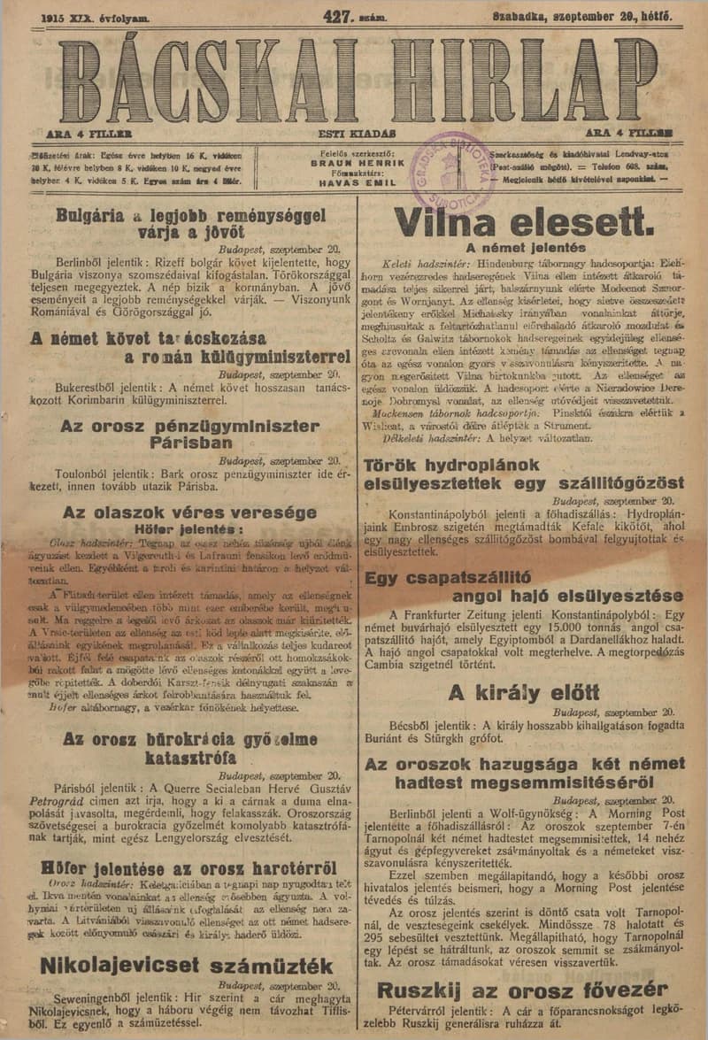 Bácskai Hirlap, 19. évf. 1915. szeptember 20. 427. sz.