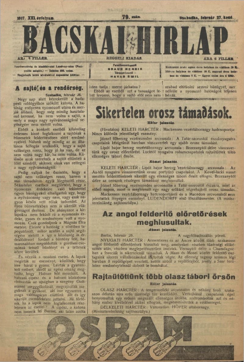 Bácskai Hirlap, 21. évf. 1917. február 27. 79. sz.