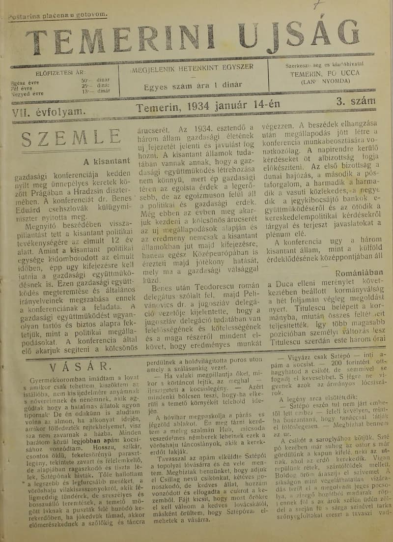 Temerini Újság 1928-1944, 7. évf. 1934. január 14. 3. sz.